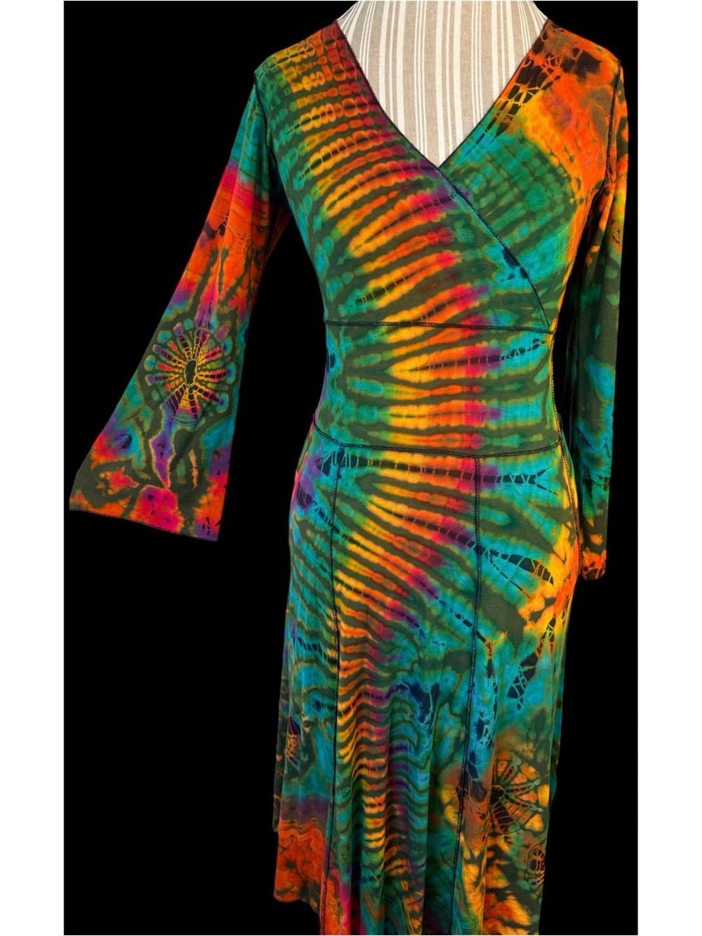 VTG Y2K Cali Kind Thailand Tie Dye Stretchy Festival Hippie Fairy Midi Dress SM